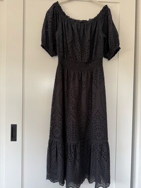 Betsey Johnson Black Eyelet Midi Dress with Smocked Waist